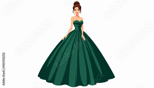 Elegant girl in emerald gown posing gracefully, timeless beauty