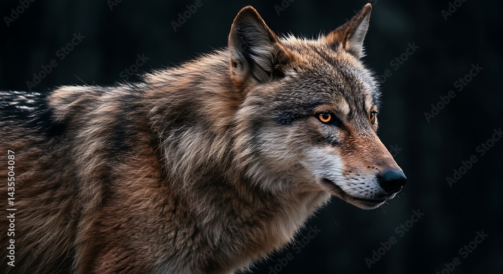 Fototapeta premium Majestic Wolf Portrait: Darkly Lit Fur, Intense Gaze