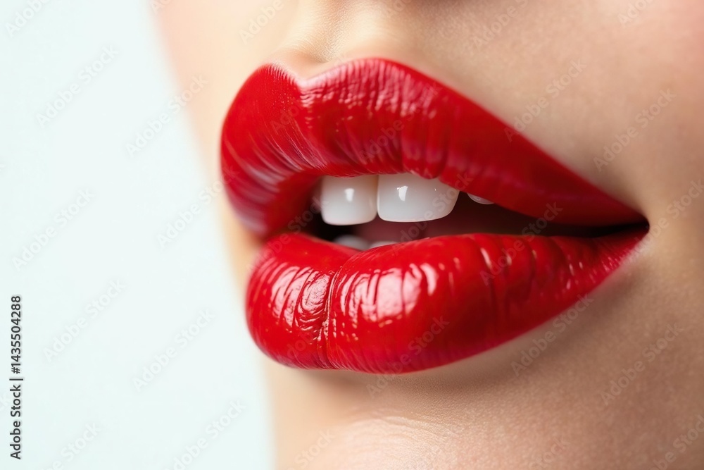 Close-up vibrant red lips, pristine white backdrop, beauty shot, seductive, smooth Close-up vibrant red lips, pristine white backdrop, beauty shot, seductive, smooth