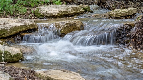 Serene stream cascading over rocks, lush greenery