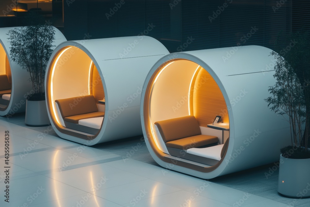 Aerial perspective of exclusive airport lounge featuring private relaxation pods and dedicated wellness area with massage stations where elite travelers unwind before international flights.