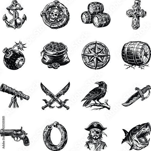 Set of Vintage Style Pirate Adventure Illustrations 

