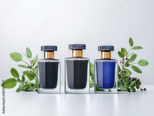 Wallpaper Mural Three perfume bottles in black, gray, and blue, with green leaves on a white background Torontodigital.ca