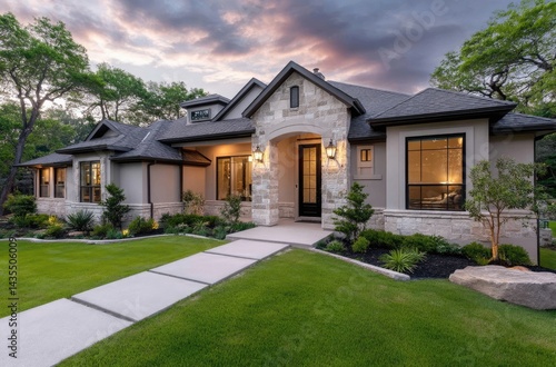 A beautiful, modern single-story home in the heart of Texas, featuring a large front yard with green grass and an illuminated entrance at dusk