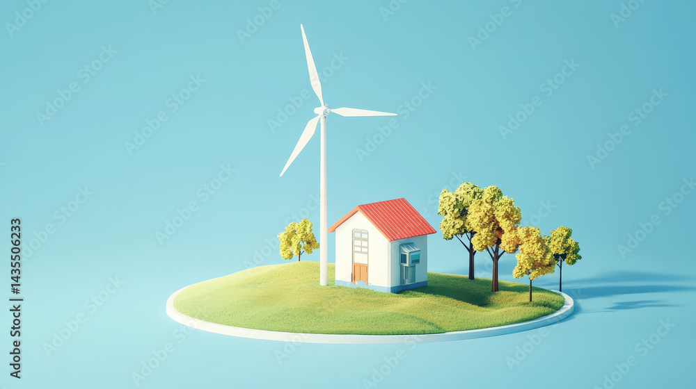Wind-powered water pump set against a solid light blue background, located on a remote rural farm, symbolizing sustainable agriculture, clean energy use, and eco-responsible water irrigation methods.