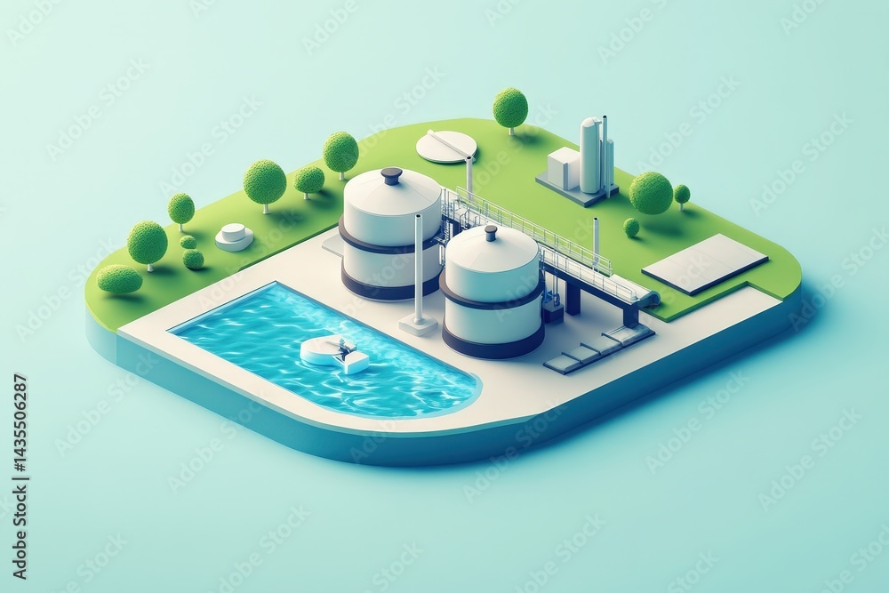 A modern water purification facility located beside a natural river, framed by a solid light blue background, symbolizing sustainable water management and eco-friendly environmental technology.