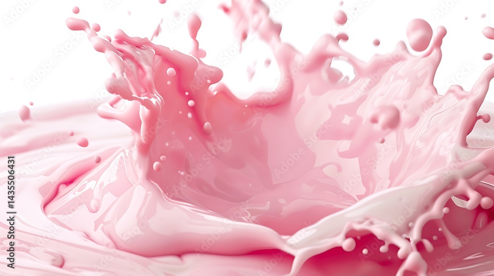 A smooth and creamy splash of strawberry milk, beautifully captured against a crisp white background. A smooth and creamy splash of strawberry milk, beautifully captured against a crisp white background.