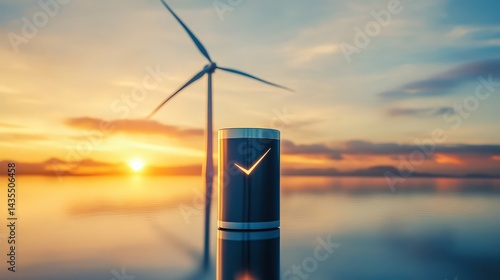 Obraz na płótnie Modern rechargeable battery receiving electrical power from spinning wind turbine during breezy weather conditions. Sustainable energy transfer technology for renewable power storage applications w salonie