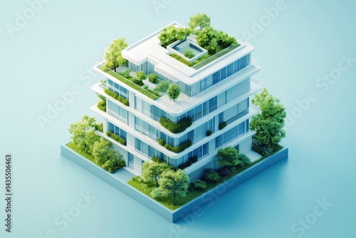 Obraz na płótnie Green office building with rooftop terraces, solid light blue background. Modern architecture and sustainable urban development for eco-friendly design concepts. Sustainability and smart urban living. w salonie