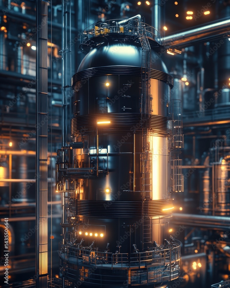 Futuristic carbon capture system featuring metallic casing installed in high tech industrial facility where environmental engineers develop innovative solutions for reducing pollution levels globally