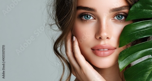 A beautiful woman with her face partially obscured by the leaves of a monstera plant, showcasing her flawless, natural skin