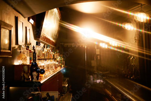 Konstfotografi Interior of backlit bar with abundance of alcoholic beverages in jazz club, lens