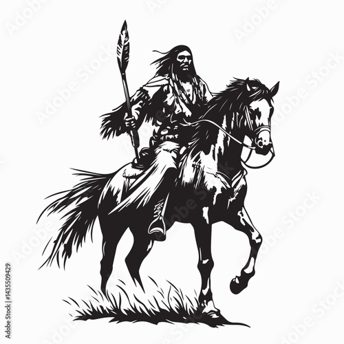 Native American Indian warrior with a spear riding horse image vector isolated on white background.