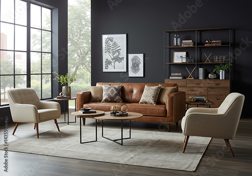 Wallpaper Mural A living room featuring a leather sofa two armchairs and dark walls with natural light shining through Torontodigital.ca