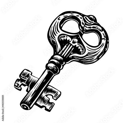 A pirate skull key illustration in vintage style