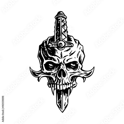 A vintage style illustration of a skull sword
