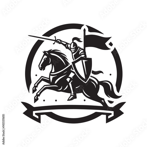 Brave Warrior on Horse with Flag and Armor