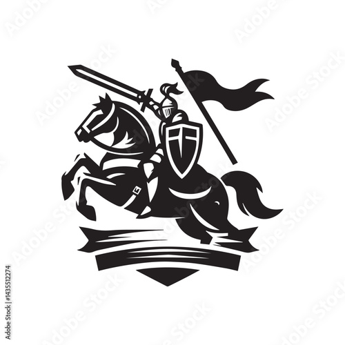 Brave Warrior on Horse with Flag and Armor