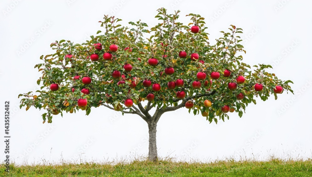 Lush apple tree laden with ripe, red fruit against a white background Lush apple tree laden with ripe, red fruit against a white background