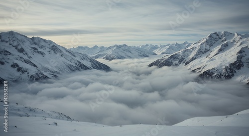 Majestic snow covered mountain valley panorama