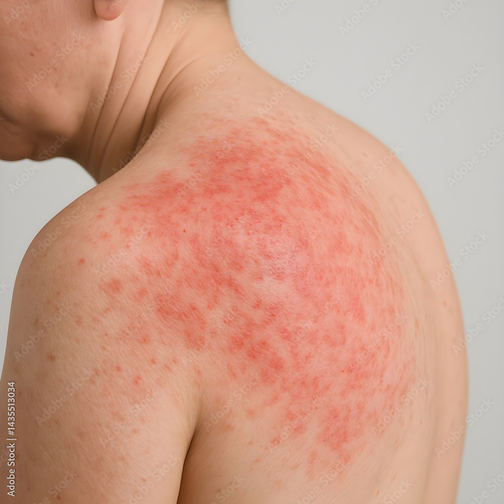 Fototapeta premium Close-up photo of a person with red, irritated skin on their shoulder, showing a rash and redness.