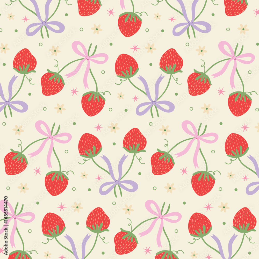 Seamless pattern beauty strawberry with bows and ribbons. Vector design for fabric and wallpaper design. Seamless pattern beauty strawberry with bows and ribbons. Vector design for fabric and wallpaper design.