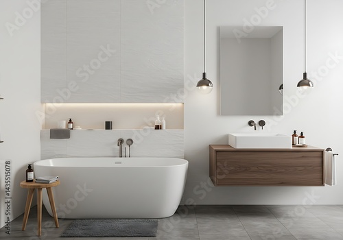 Wallpaper Mural A modern bathroom with a white bathtub a wooden vanity and minimalist lighting fixtures design style Torontodigital.ca