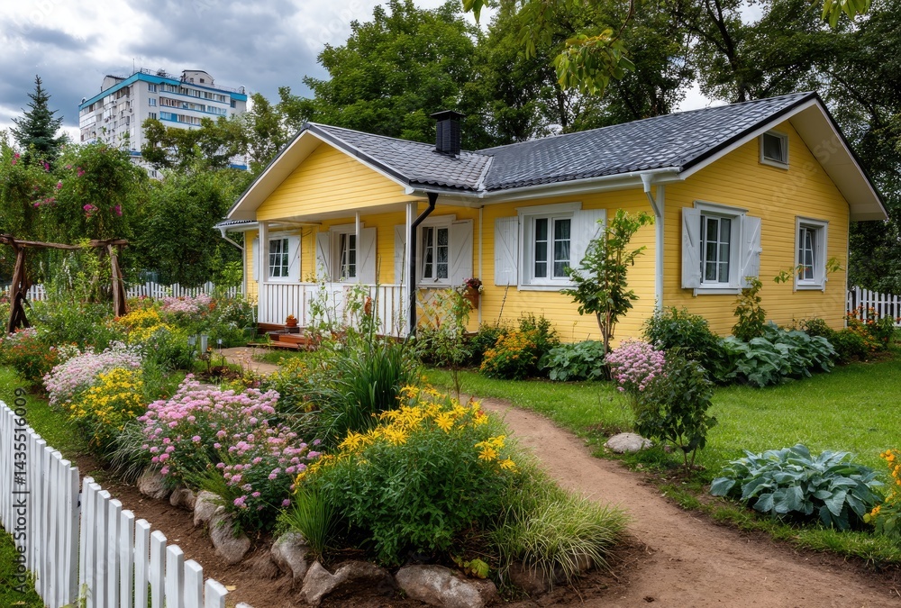 A small yellow house with a garden and flowers in front of it A small yellow house with a garden and flowers in front of it