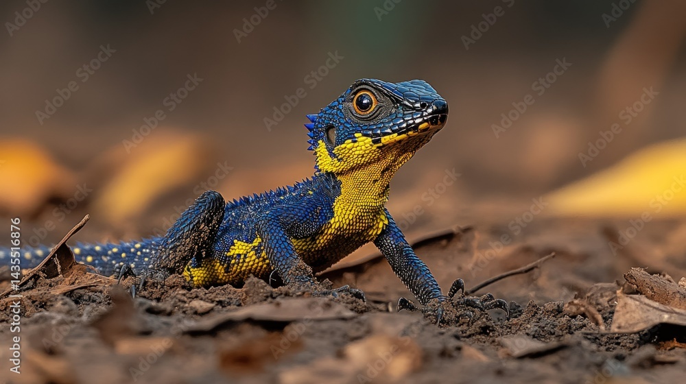 Blue yellow lizard stares ahead Blue yellow lizard stares ahead