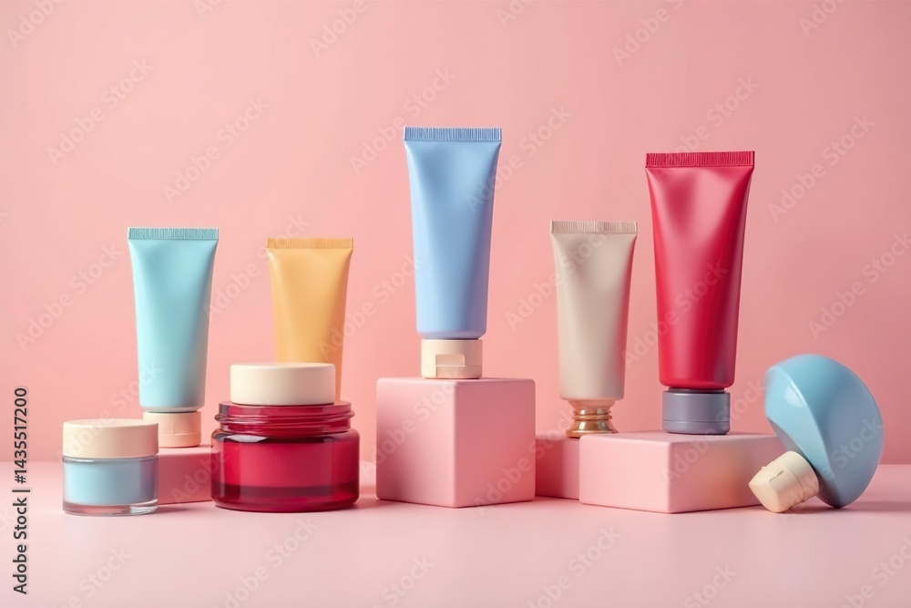 Various cosmetic tubes and jars, pristine setting, white, advertising, color Various cosmetic tubes and jars, pristine setting, white, advertising, color