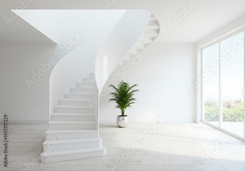 A bright room with a white spiral staircase and a potted plant next to a large window with light coming in