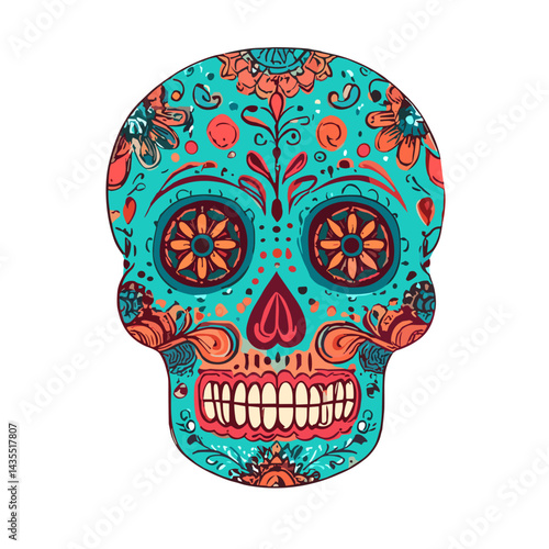 Colorful decorated sugar skull with floral patterns on a white background
