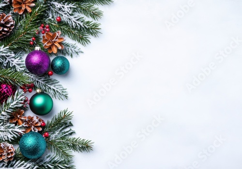 Festive Christmas Border with Purple Teal Ornaments Pine Branches and Snow on White Background