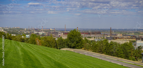View from Mamayev Kurgan to the industrial zone and workshops of the Krasny Oktyabr plant in Volgograd, Russia.