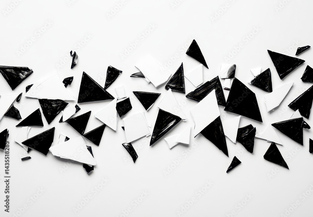 Abstract Black and White Triangle Fragments Scattered on White Background Abstract Black and White Triangle Fragments Scattered on White Background