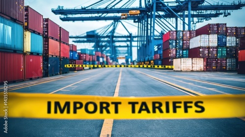 Port with shipping containers blocked by yellow tape marked import tariffs, symbolizing trade restriction