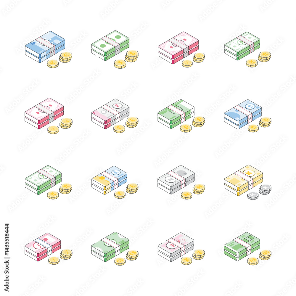 Grab ana amazing collection of international paper currencies isometric icons