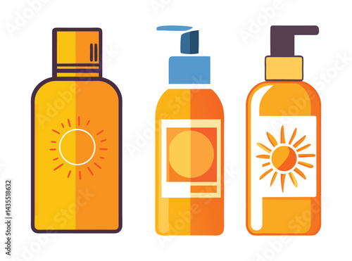 Abstract Vector Three bottles of sunscreen with sun Icon or Logo Design Template