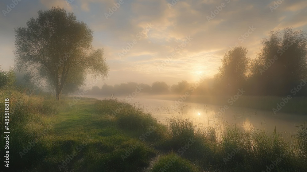 A serene landscape of a misty river at sunrise A serene landscape of a misty river at sunrise