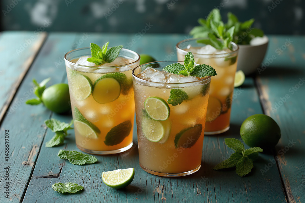 Fototapeta premium two glasses of iced tea with lime and mint on a wooden table