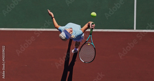 Fototapeta Naklejka Na Ścianę i Meble -  Tennis, serve and woman on outdoor court with challenge, performance and action game from above. Racket, ball and professional athlete at lines for fitness, wellness and competition at sports club