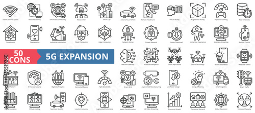 5G expansion icon collection set. Containing faster internet speed, reduced latency, enhanced connectivity, smart city, autonomous vehicle icon. Simple outline vector illustration.