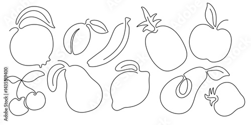 Set continuous one line drawing of different fruits. Hand drawn white and black fruits for logo, wallart, posters. Minimalistic design vector illustration EPS10.