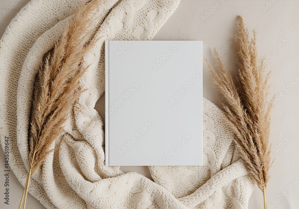 Minimalist mockup of a white children's book placed beside beige pampas grass and a cozy knitted blanket on a neutral background