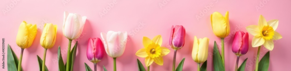 Fototapeta premium Delicate pastel tulips and daffodils bloom vibrantly against a soft pink backdrop , closeup, floral