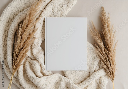 Obraz na płótnie Minimalist mockup of a white children's book placed beside beige pampas grass and a cozy knitted blanket on a neutral background w salonie