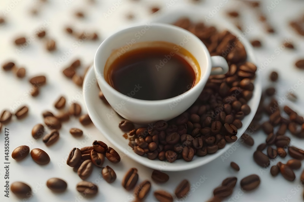 白い皿の上のコーヒーカップとコーヒー豆のクローズアップ 茶色のロースト豆が散在する白い背景 白い皿の上のコーヒーカップとコーヒー豆のクローズアップ 茶色のロースト豆が散在する白い背景
