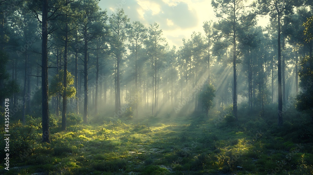 Fototapeta premium Lush green woodland with sunbeams filtering through high resolution wallpaper