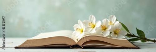 Open book, delicate white flowers, textured backdrop , spring, white, delicate