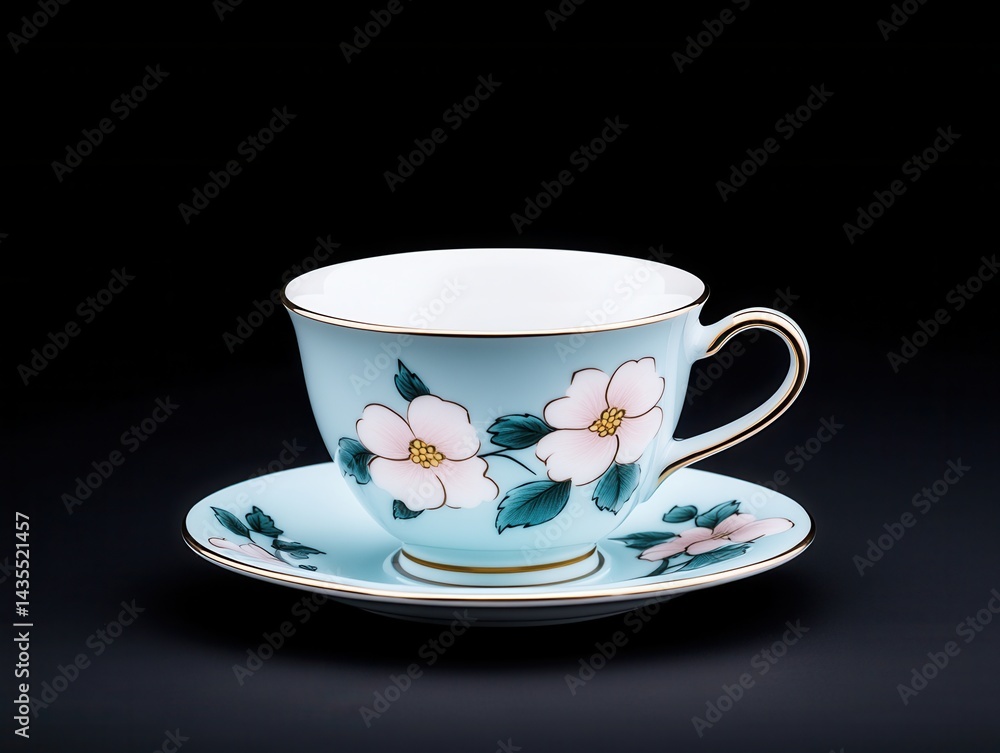 Fototapeta premium Elegant teacup and saucer set, light blue with delicate floral design, gold trim